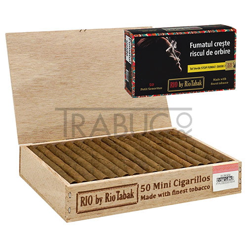 cutie de lemn cu 50 tigari de foi fara filtru rio by riotabak mini cigarillos 50