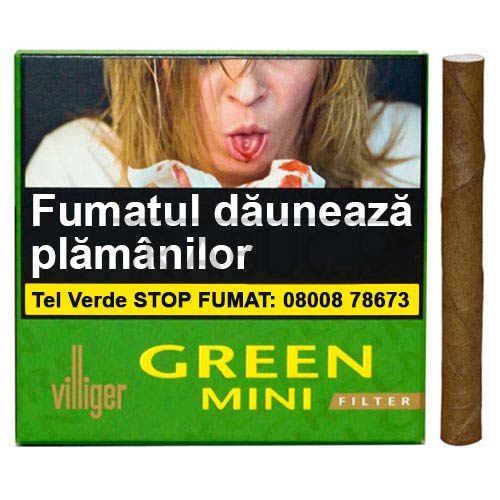 pachet cu 10 tigari de foi villiger green mini cu aroma caipirinha, trestie de zahar si lamaie verde