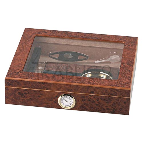 Set Humidor Trabucuri cu higrometru analog si umidificator incluse