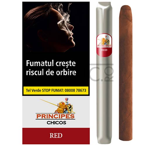 pachet cu 5 tigari de foi principes chicos red cu aroma de cirese, confectionat din tutun natural de origine Republica Dominicana