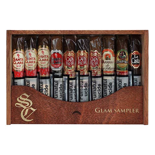 cutie din lemn cu 10 trabucuri asortate santa clara glam sampler robusto de tarie medie