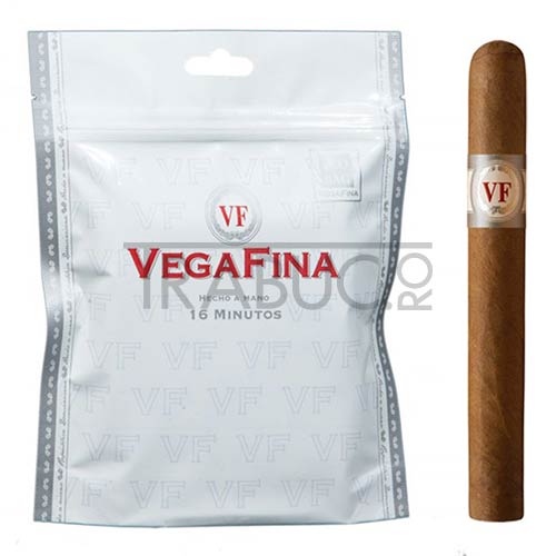 pachet cu 16 trabucuri vegafina minutos confectionat manual cu o aroma naturala de lemn si condimente cu o umplutura mixta republica dominicana, nicaragua si columbia intr-un invelis connecticut de tarie slaba