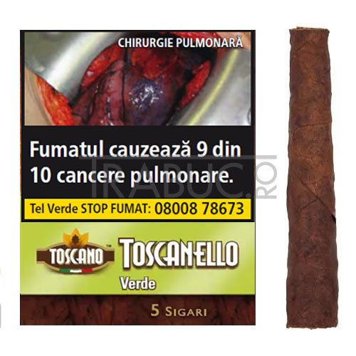 pachet cu 5 tigari de foi toscanello verde cu aroma de limoncello, umplute cu tutun kentucky si invelis american kentucky