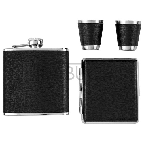 set plosca din piele naturala angelo ce contine 2 pahare si o tabachera pentru tigari