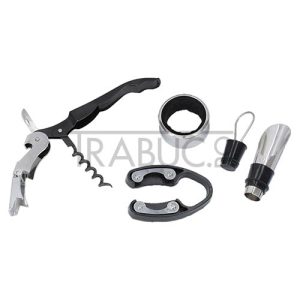 Set accesorii pentru vin DM 5 Luxury in cutie din lemn cu exterior din piele ecologica