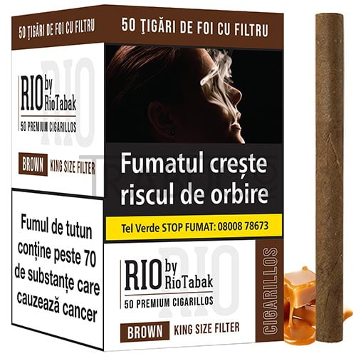 Pachet cu 50 tigari de foi cu aroma de caramel RIO Brown Filter by RioTabak