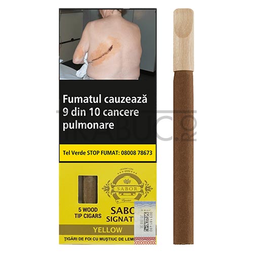 Tigari de foi Sabor Wood Tip Yellow cu aroma de vanilie in pachet de 5 bucati cu mustiuc din lemn