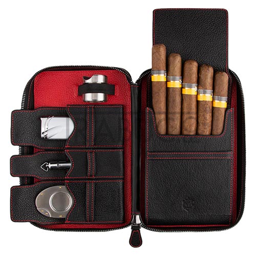 Humidor portabil Crown & Tiger Cuba Red cu un buzunar pentru trabucuri si 3 buzunare pentru accesorii