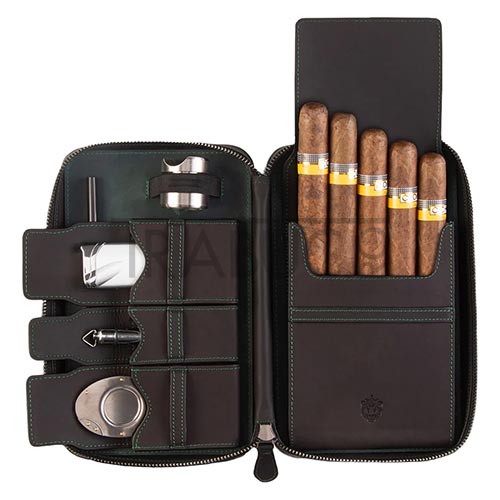 Humidor portabil Crown & Tiger Green Lantern cu 4 buzunare pentru trabucuri si accesorii