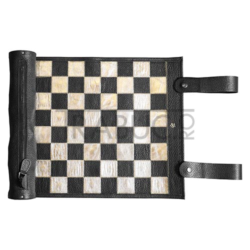 Set joc de sah Melia Roll-Up Pharaoh din piele naturala de culoare neagra cu magnet
