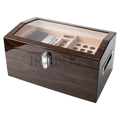 Humidor Trabucuri Ebony Finish cu capac din sticla cu higrometru digital inclus
